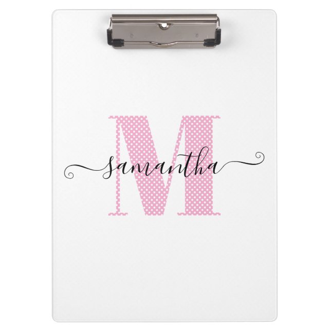 Porte-bloc Monogramme de pois rose et blanc clair (Devant)
