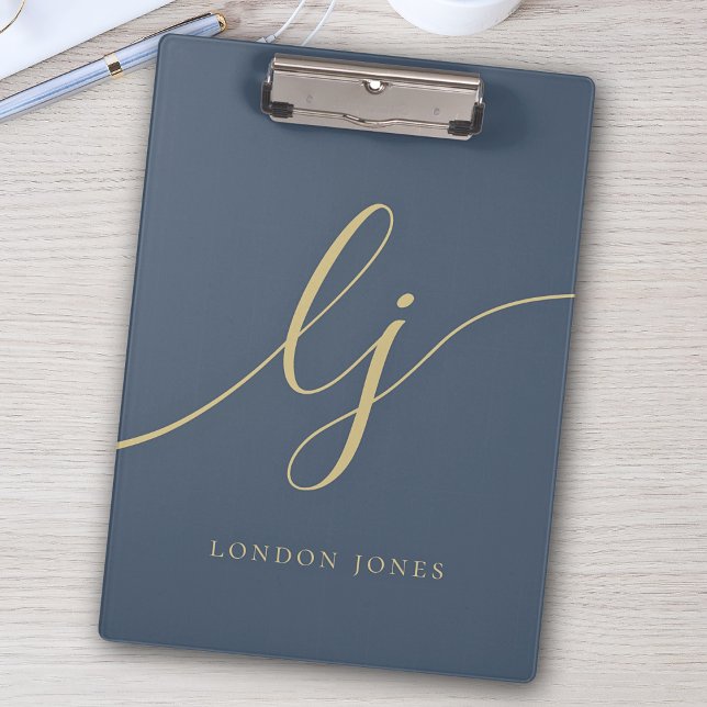 Porte-bloc Monogramme Initiales Professionnel Gold Script Nav (Créateur téléchargé)