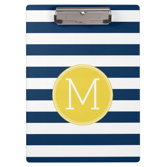 Porte-bloc Monogramme jaune Motif rayé blanc et marine (Devant)