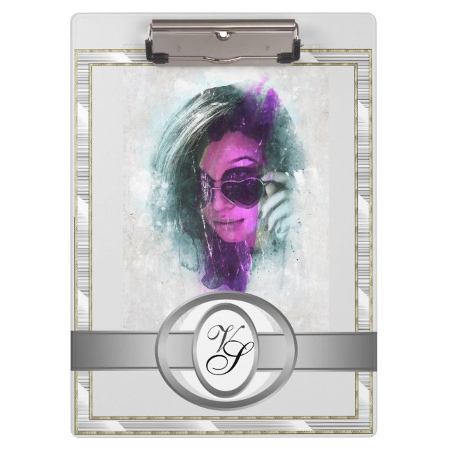 Porte-bloc Monogramme moderne Fille à la mode Noir et gris (Devant)