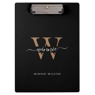 Porte-bloc Monogramme moderne Noir Gold Nom de script minimal