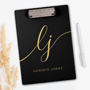 Porte-bloc Monogramme Noir Initiales de script Or Professionn