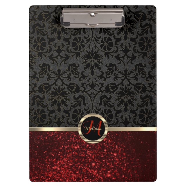 Porte-bloc Monogramme Parties scintillant rouge et design flo (Devant)