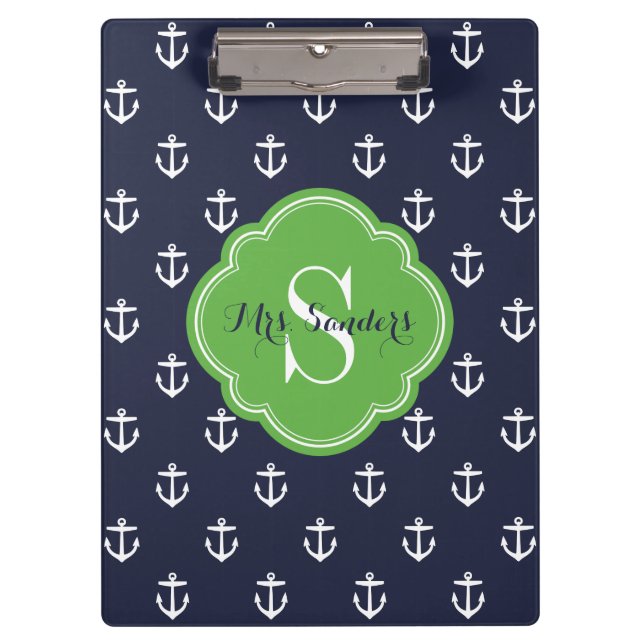 Porte-bloc Monogramme personnalisé Ancres marines et vertes (Devant)