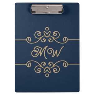 Porte-bloc Monogramme vintage or et bleu marine Élégant