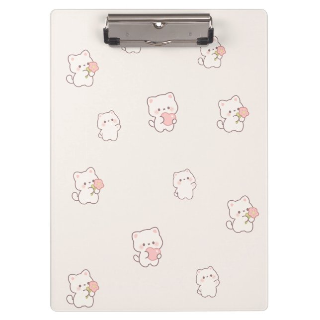 Porte-bloc Motif de chat blanc mignon – Cœurs et fleurs Kawai (Devant)