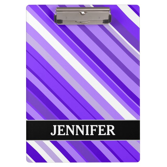 Porte-bloc Motif rayé violet et blanc + Nom personnalisé (Devant)