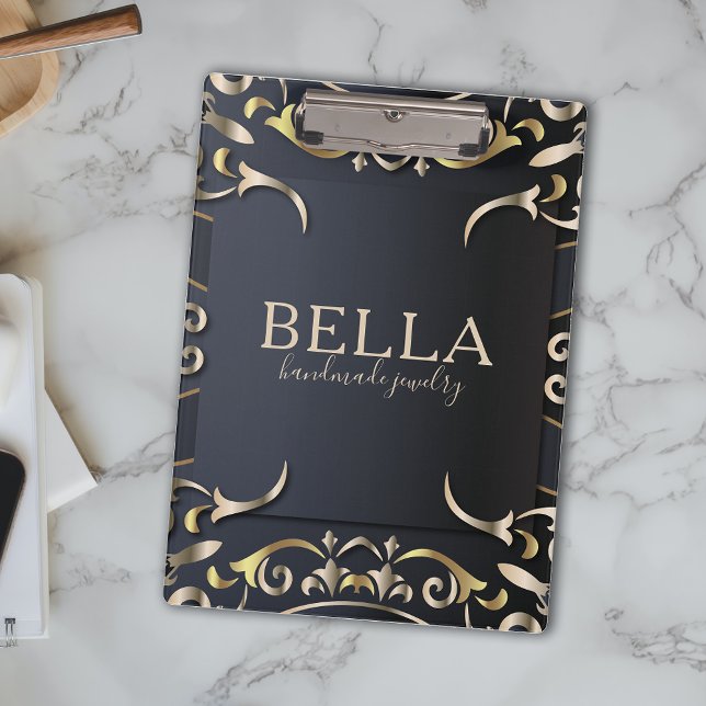 Porte-bloc Noir et Or Luxe Chic Baroque Nom d'entreprise (Créateur téléchargé)