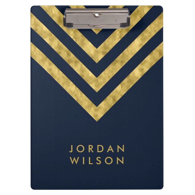 Porte-bloc Nom Bleu Élégant Faux Gold Chevron (Devant)