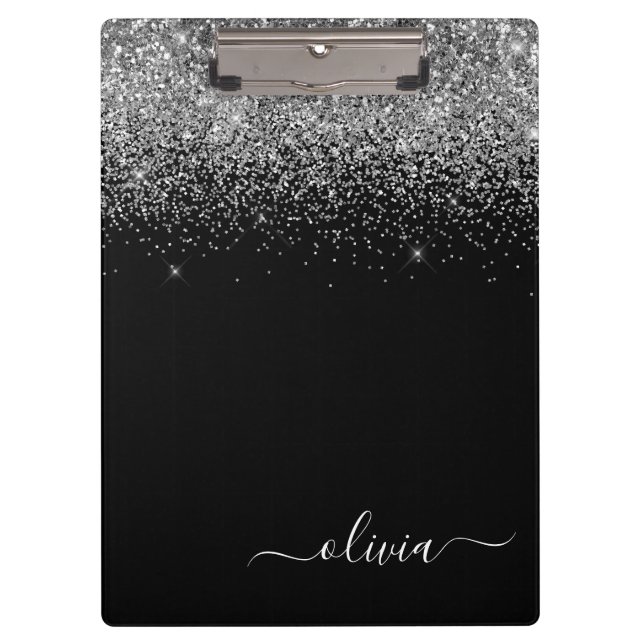 Porte-bloc Nom de monogramme girly pailleté argent noir (Devant)
