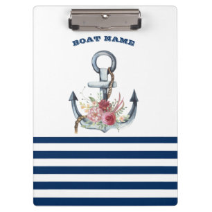 Porte-bloc Nom du bateau, Fleurs d'Ancres Bleus de marine