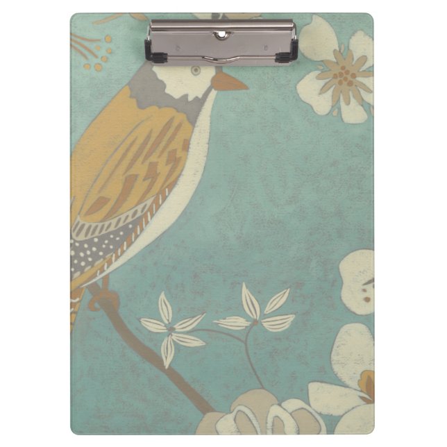 Porte-bloc Oiseau jaune, gris et beige perché sur une branche (Devant)