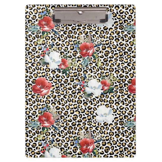 Porte-bloc Or Empreinte de léopard Rouge Blanc Floral (Devant)