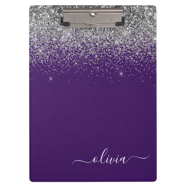 Porte-bloc Papier à lettres Glitter Argent Violet Monogramme  (Devant)