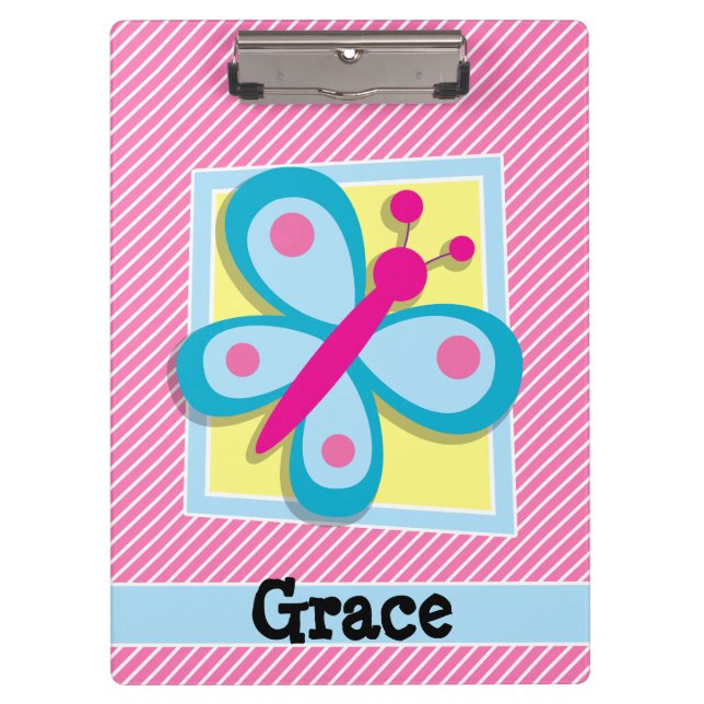 Porte-bloc Papillon bleu sur bandes rose et blanche (Devant)