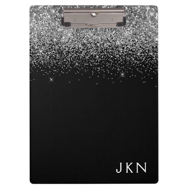 Porte-bloc Parties scintillant d'argent noir Monogramme de fi (Devant)