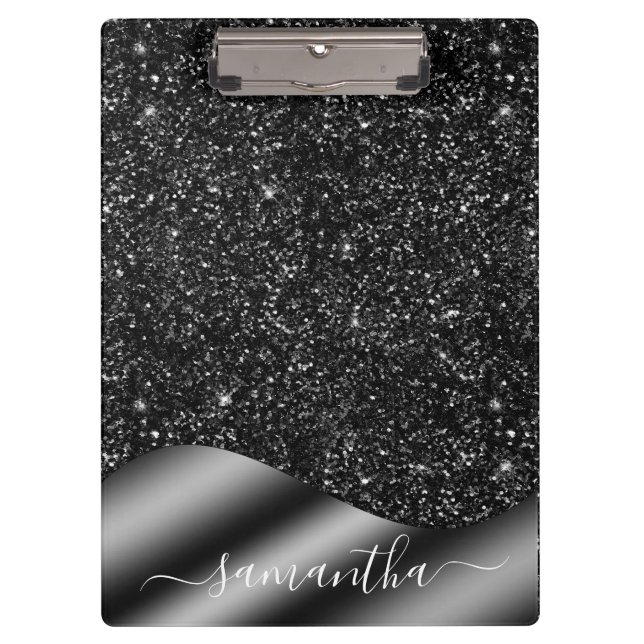 Porte-bloc Parties scintillant noire Nom manuscrit Monogramme (Devant)