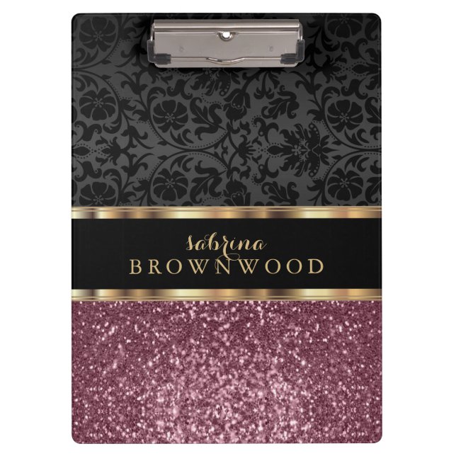 Porte-bloc Parties scintillant rose en or et Damas noir (Devant)