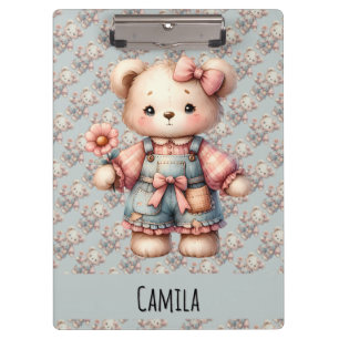 Porte-bloc Pastel Teddy Bear Holding Flower Wear Overalls