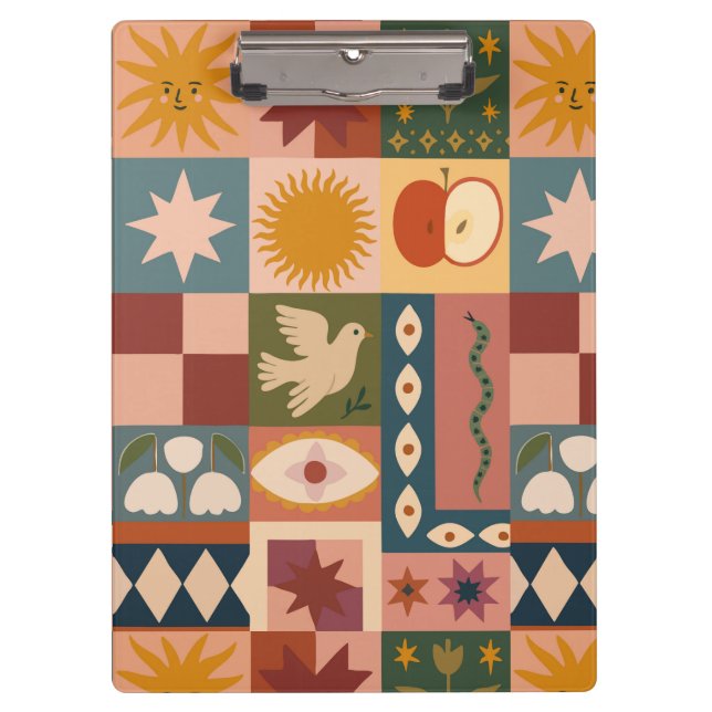 Porte-bloc Patchwork céleste bohémien avec symboles mystiques (Devant)