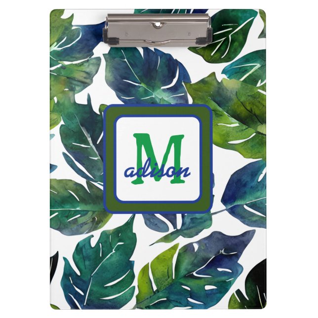 Porte-bloc Philodendron vert et bleu du feuillage Monogramme (Devant)