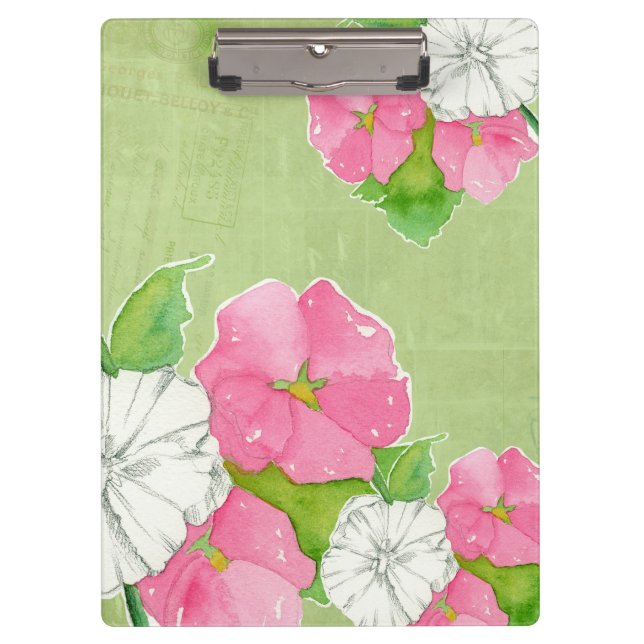 Porte-bloc Pink Hollyhocks Aquarelle Fleurs Vert doux (Devant)