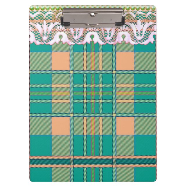 Porte-bloc Plaid et dentelle vert pêche mignonne girly (Devant)