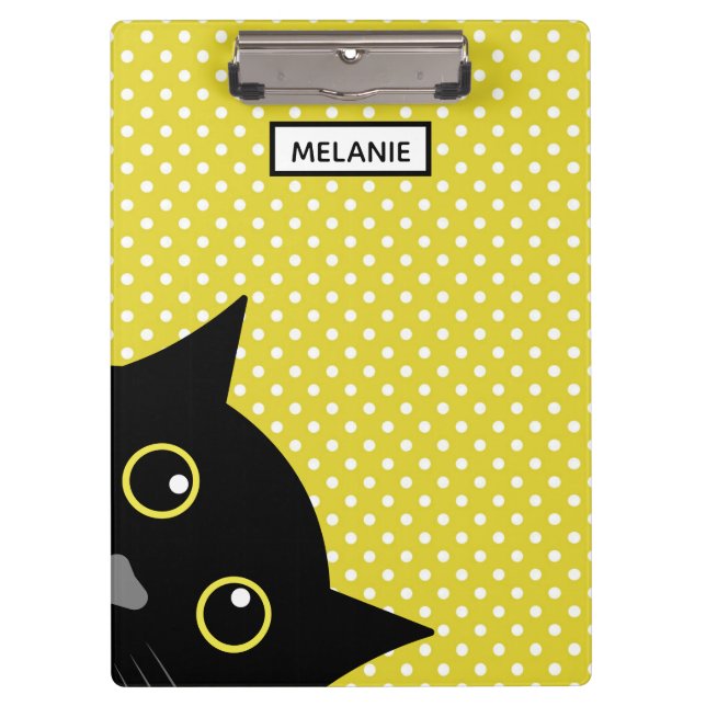 Porte-bloc Point de polka curieux de jaune de chat noir (Devant)