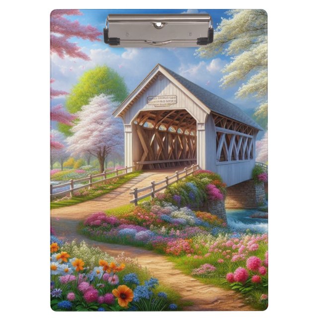 Porte-bloc Pont fleuri/ressort coloré et rivière (Devant)
