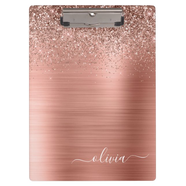 Porte-bloc Rose Gold Métal Brossé Paillettes Monogramme Rose (Devant)