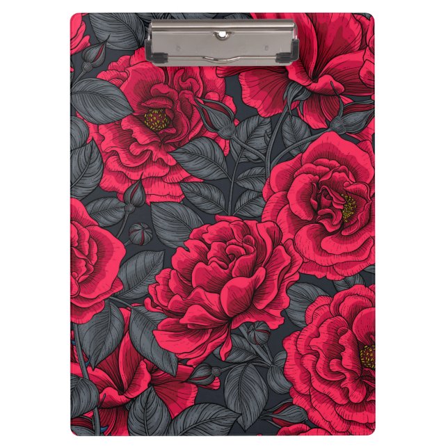 Porte-bloc Roses rouges avec feuilles gris sur noir (Devant)