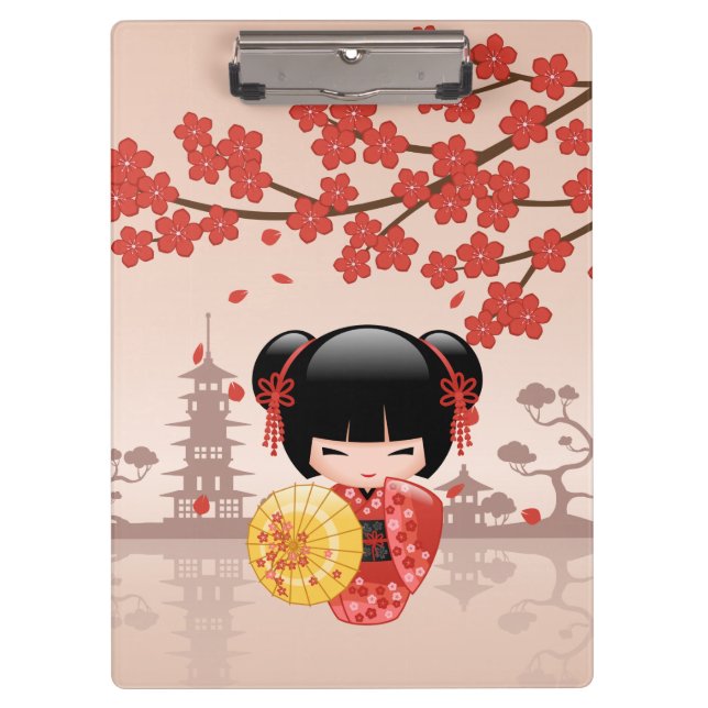 Porte-bloc Rouge Sakura Kokeshi Poupée Japonaise Geisha Beige (Devant)