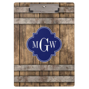 Porte-bloc Rustic Wood Metal Band Navy Quatrefoil 3 monogram