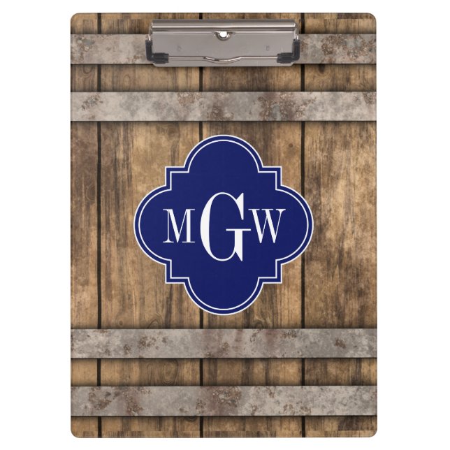 Porte-bloc Rustic Wood Metal Band Navy Quatrefoil 3 monogram (Devant)