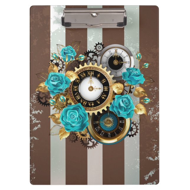 Porte-bloc Steampunk Clock and Turquoise Roses on Striped (Devant)