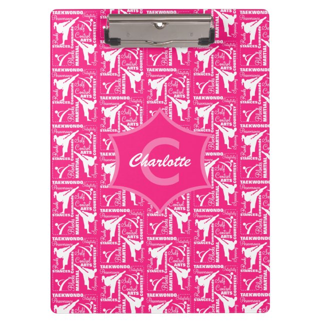 Porte-bloc Taekwondo jolie fille blanche rose Monogramme (Devant)