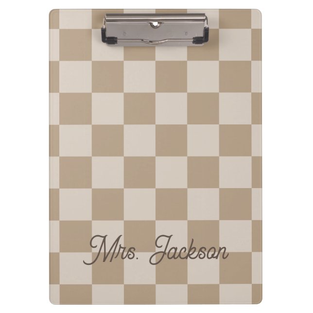 Porte-bloc Taupe Chèques Beige Nom du script Personnalisé (Devant)