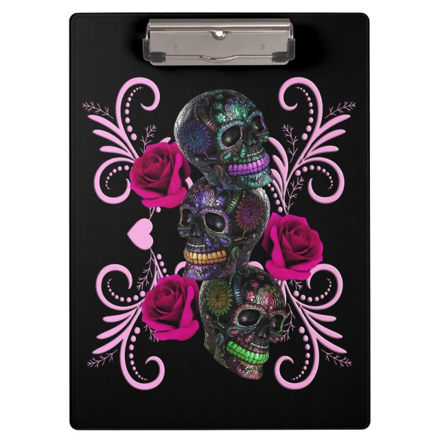 Porte-bloc Triple Jour Noir Des Crânes Morts Roses Rose (Devant)