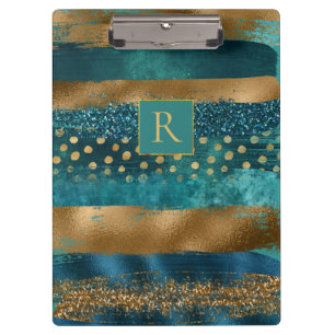 Porte-bloc Turquoise moderne, pinceaux dorés et monogramme