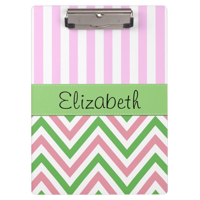 Porte-bloc Zigzag, Chevron, Grilles, Rose, Vert, Votre Nom (Devant)