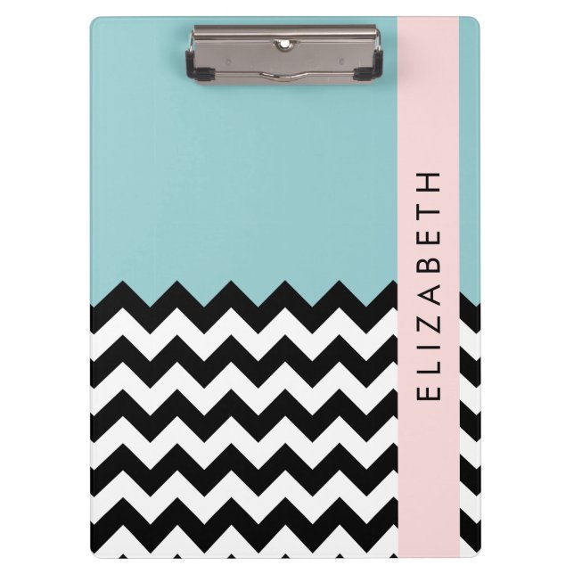 Porte-bloc Zigzag noir et blanc, Chevron, Bleu, Votre nom (Devant)
