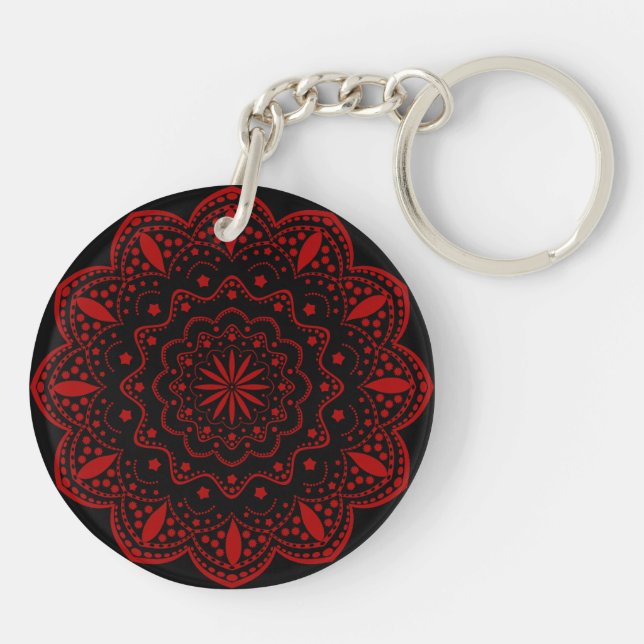 Porte - clé acrylique Mandala | Noir et rouge (Dos)