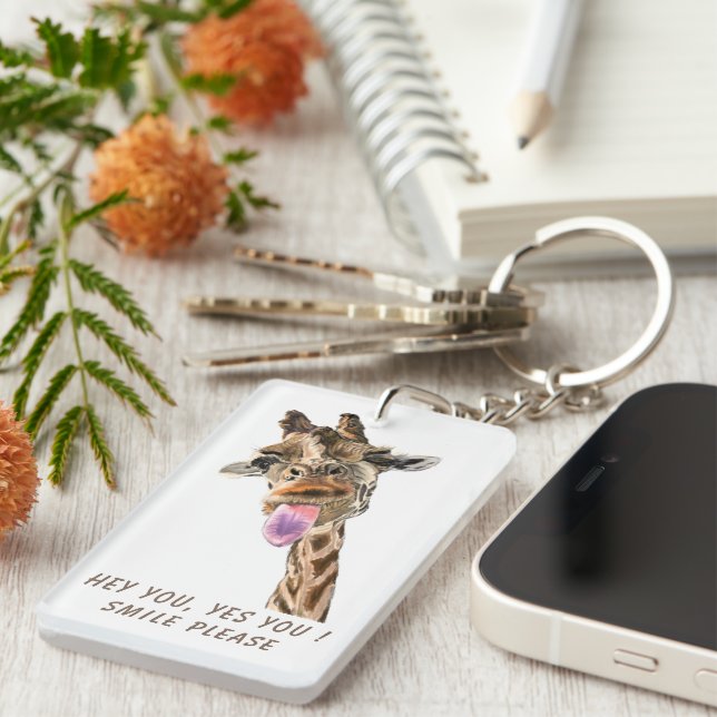 Porte - clé amusant avec Giraffe joueuse - Texte p (Devant droit)