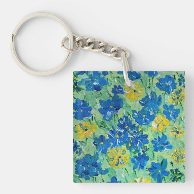 Porte - clé Carré acrylique floral Forget-Me-Not (Devant)