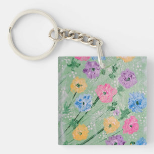 Porte - clé Carré Acrylique Floral Pastels