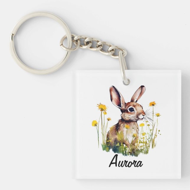 Porte - clé Carré Bunny Dandelion aquarelle (Devant)