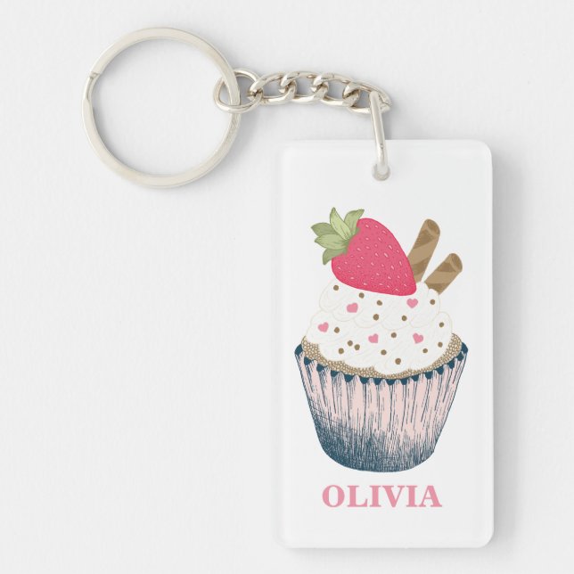 Porte - clé de cupcake aux fraises - Parti rose mi (Devant)