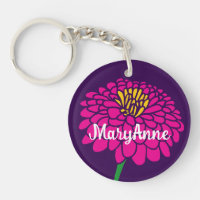 Porte - clé de fleurs rose Zinnia avec nom personn
