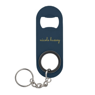 Porte-clé Décapsuleur Bleu Nuit Or Script | Monogramme Moderne Élégant