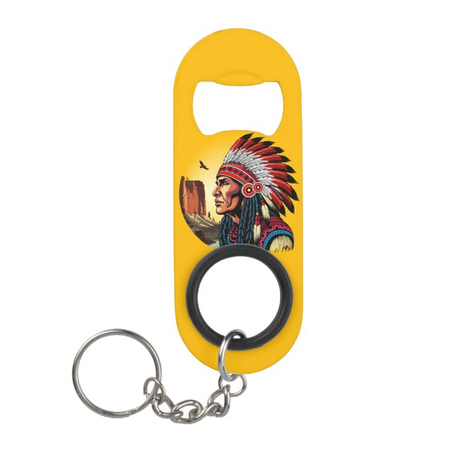 Porte-clé Décapsuleur Chef amérindien sur paysage sauvage coucher de sol (Devant)